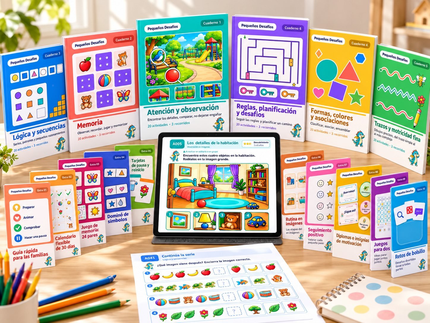 Las portadas de los seis cuadernos y los diez bonos de Pequeños Desafíos, presentadas juntas.