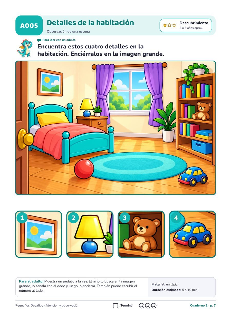 Página A005 del pack Pequeños Desafíos: Encontrar detalles en la habitación · observación