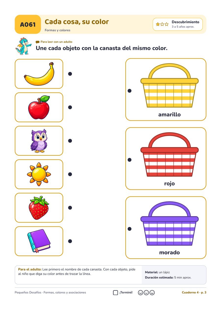 Página A061 del pack Pequeños Desafíos: Asociar cada objeto con su color · formas y colores