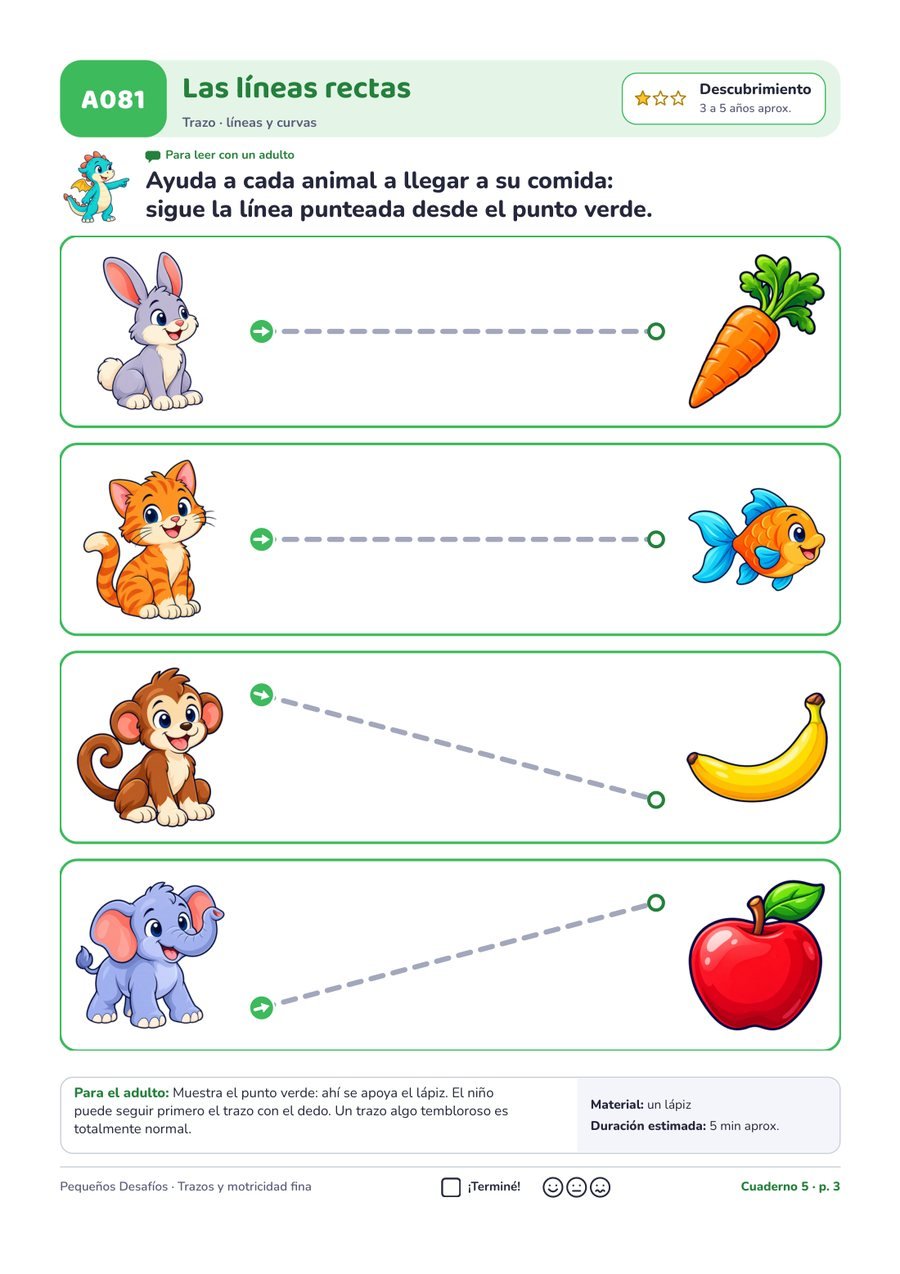 Página A081 del pack Pequeños Desafíos: Seguir líneas rectas · trazo