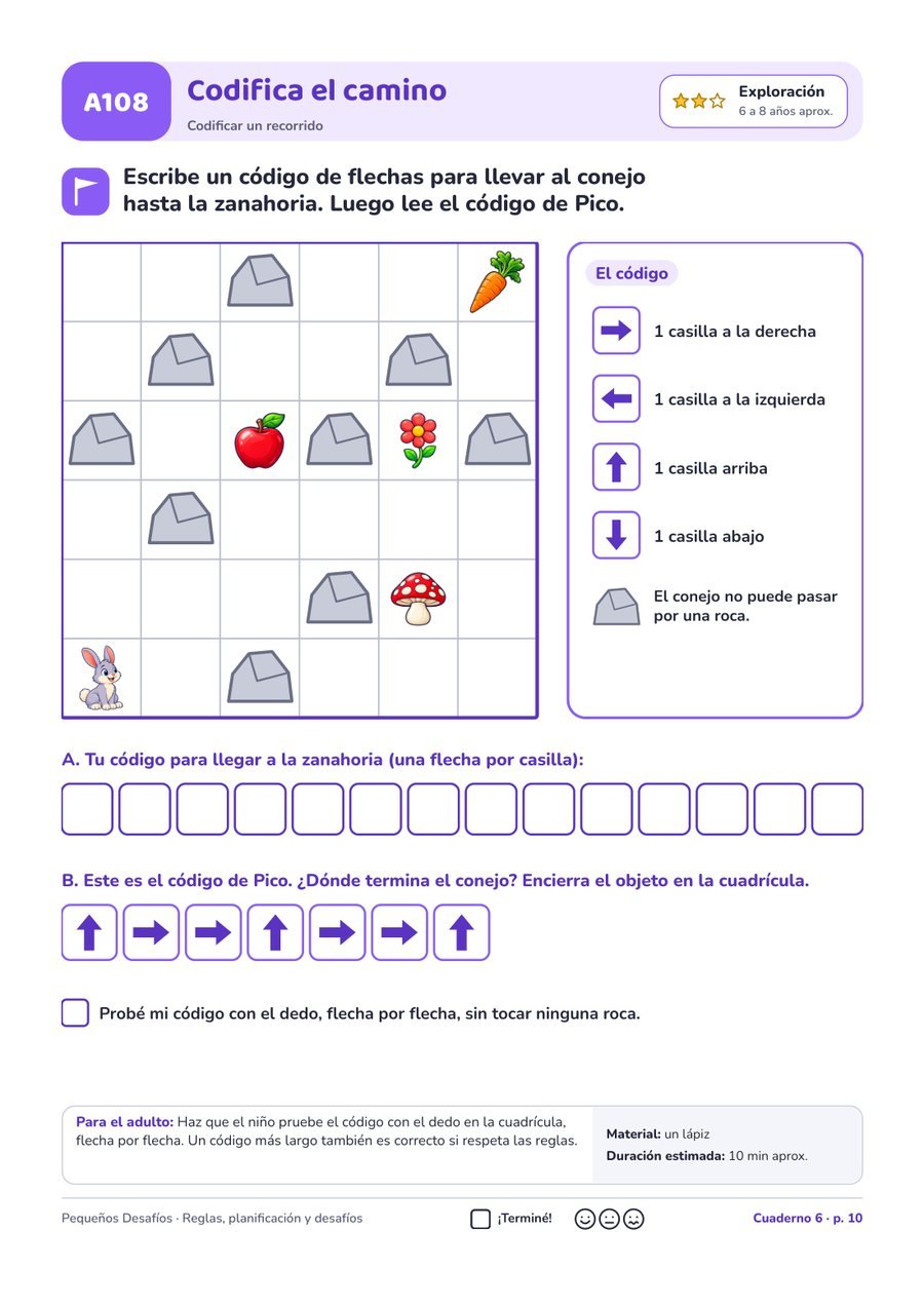 Página A108 del pack Pequeños Desafíos: Codificar el camino con flechas · lógica
